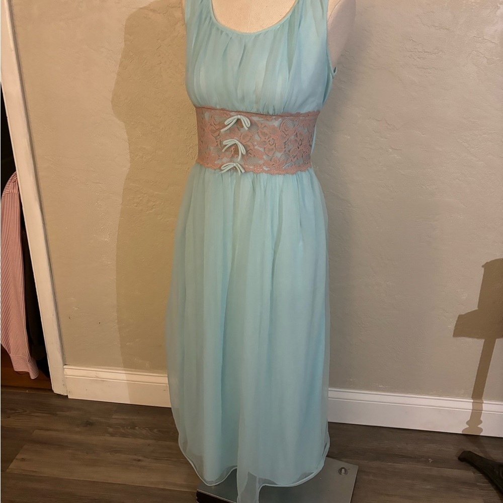 Women's Vintage Avian Light Blue Sleeveless Chiffon Nightgown Lace Sz M/L - Picture 7 of 14